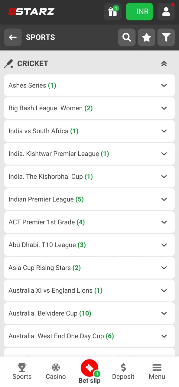 Pick cricket event and match at 888Starz.