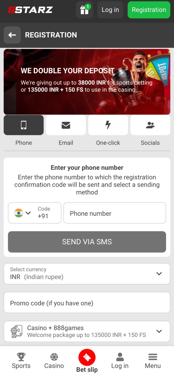 Sign up and create your 888Starz India account.